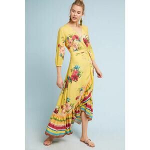 Anthropologie Farm Rio Marketplace Floral Tie-Waist Wrap Maxi Dress Yellow XSP